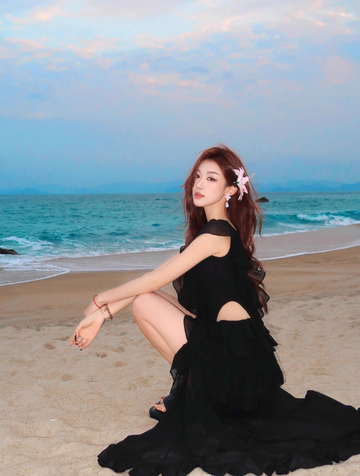 Black A Line V Neck Ruffle Chiffon Long Prom Dress Vacation Dress HZ1023